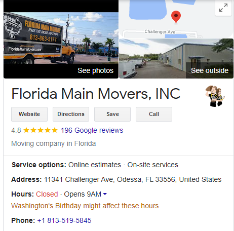Local Google My Business listing of Florida Main Movers