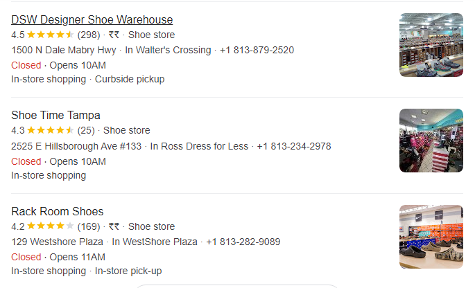 Example of Google’s three pack showing top three shoe stores in Tampa