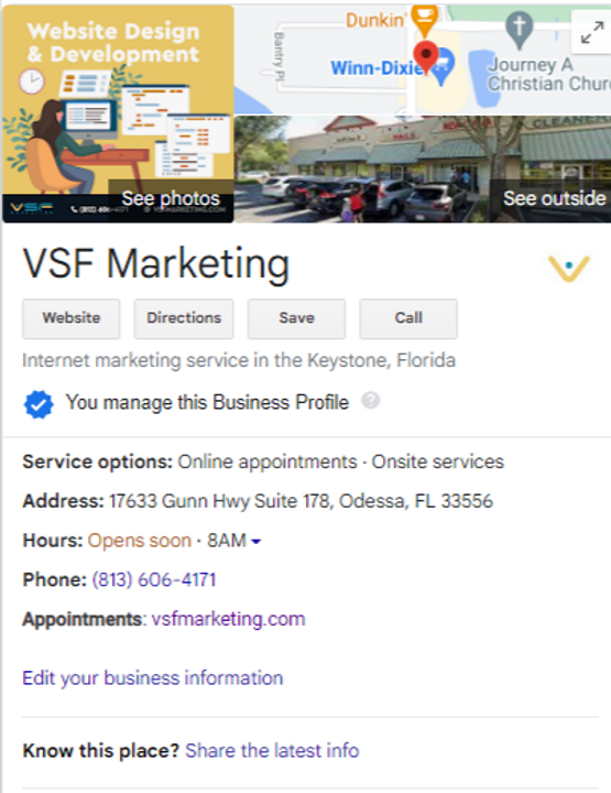 Screenshot of Google My Business profile of VSF Marketing