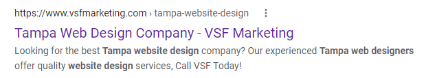 Title and meta description of VSF web design page in search results
